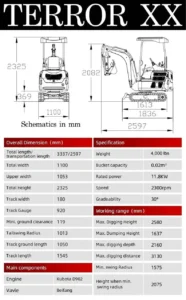 2025 4,000 lb Green TYPHON TERROR XX Mini Excavator Rubber Track with Kubota D902 Diesel Engine USA